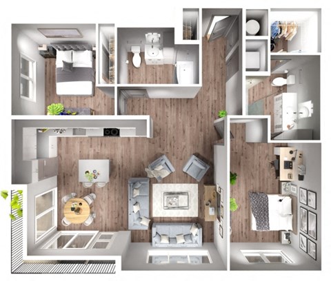 Floor plan for 2 beds, 2 baths, 1285 sqft